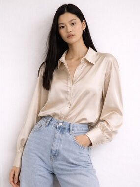 Zara Satin Oversized Button Down Blouse Champagne Silk Feel Relaxed Fit S NWT